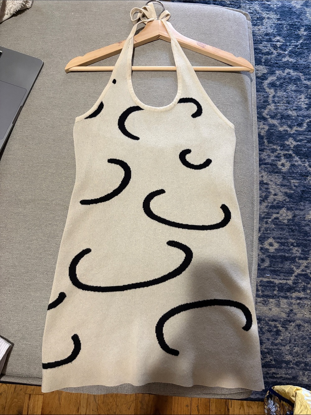 Cream Halter Knit Mini Dress with Black Crescent Motif